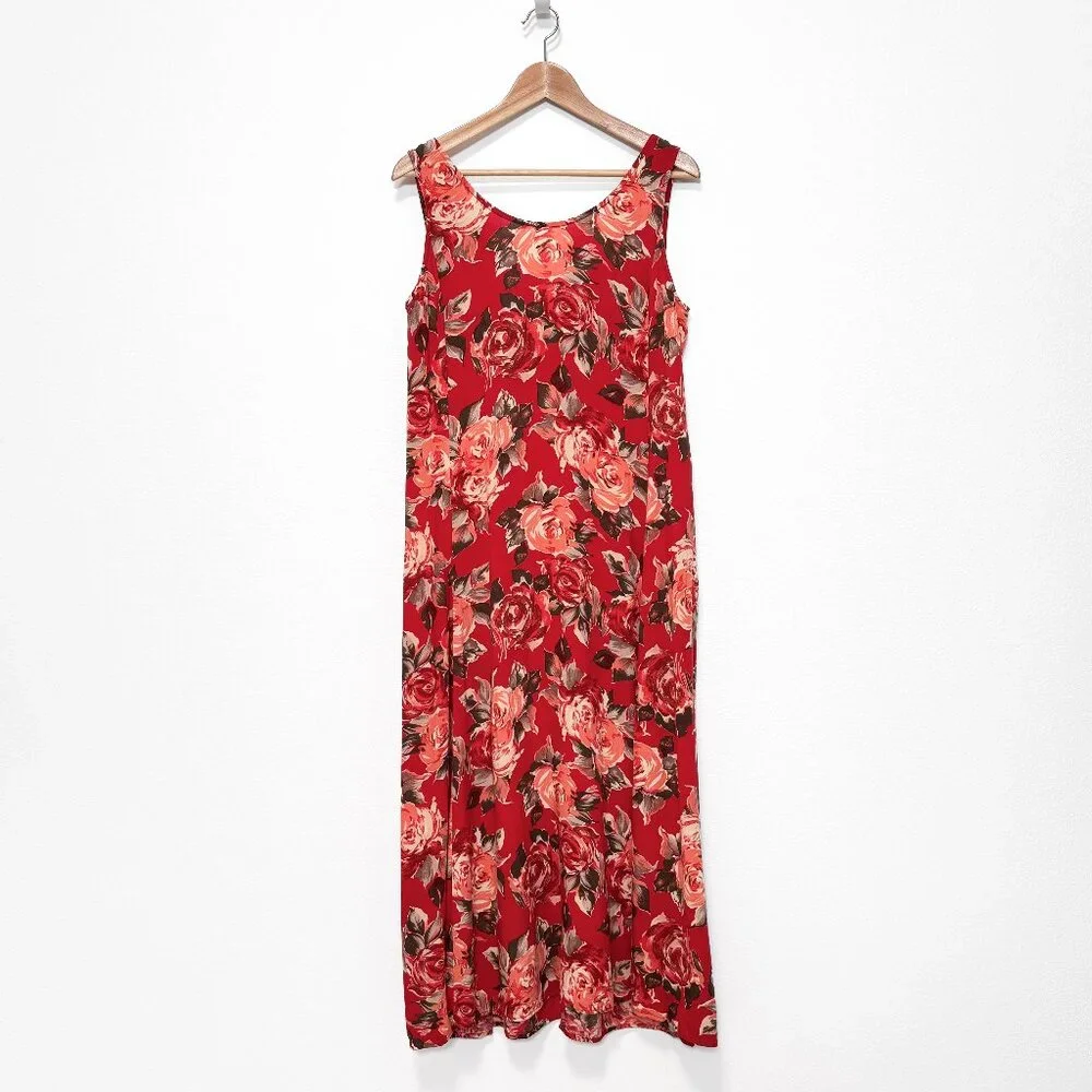 90s Vintage Express Red Floral Sleeveless Maxi Dress Size 9/10 Medium - Picture 7 of 15
